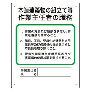 作業主任者職務表示板 ３５６ ２５ａ 木造建築物の組立て等 ミドリ安全 公式通販